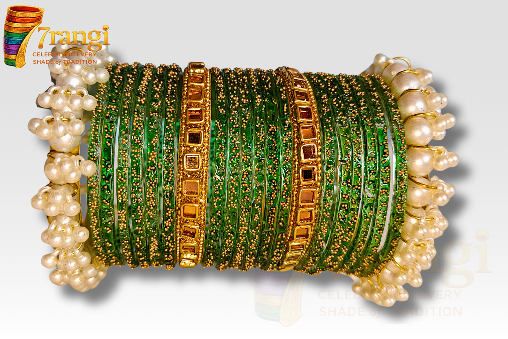 Premium Rain Drop Glass Bangles Set | Bridal Kara Set with Pearl and Golden Bangles