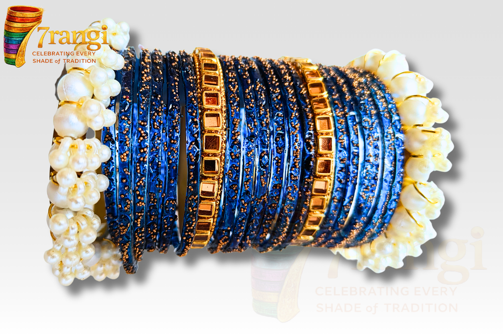 Premium Rain Drop Glass Bangles Set | Bridal Kara Set with Pearl and Golden Bangles