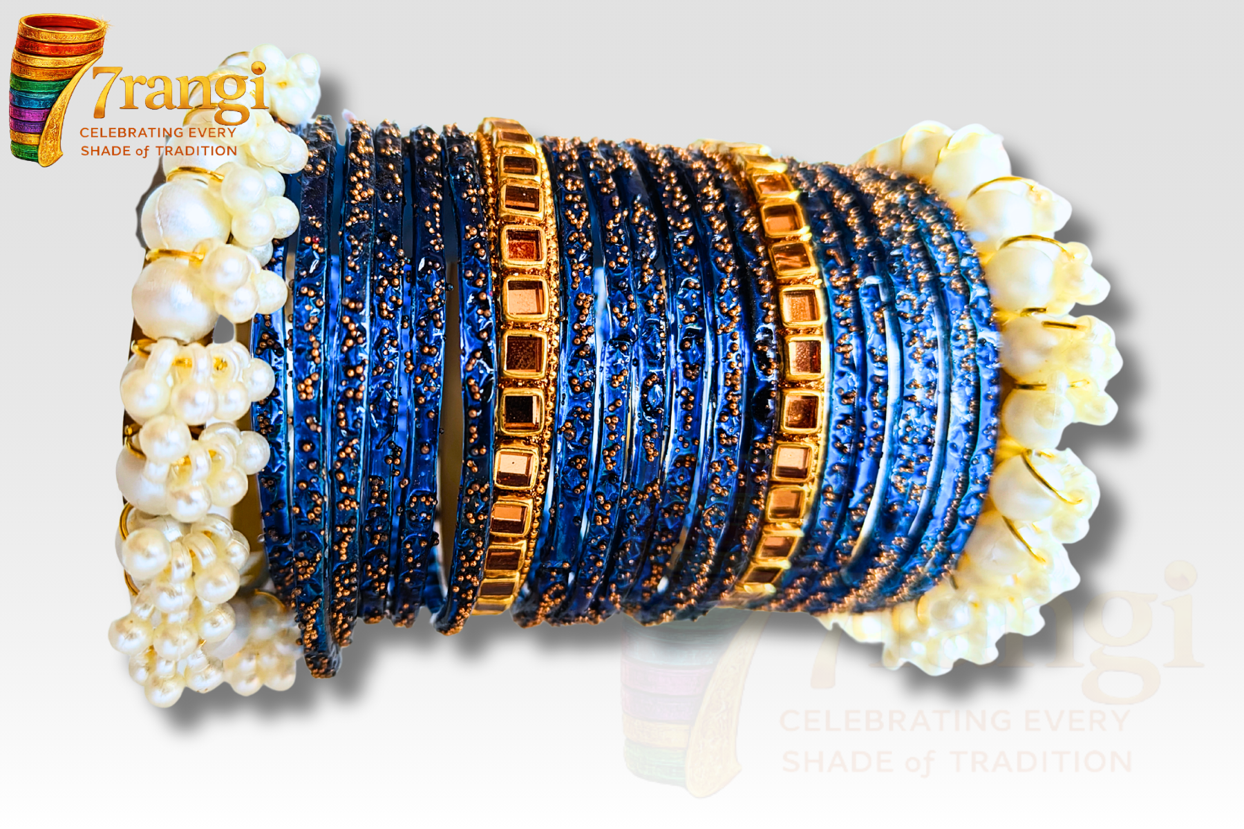 Premium Rain Drop Glass Bangles Set | Bridal Kara Set with Pearl and Golden Bangles
