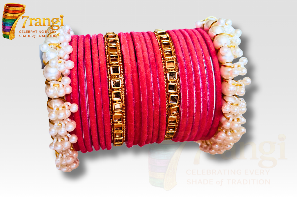 Premium Velvet Glass Bangles Set | Bridal Kara Set with Pearl and Golden Bangles