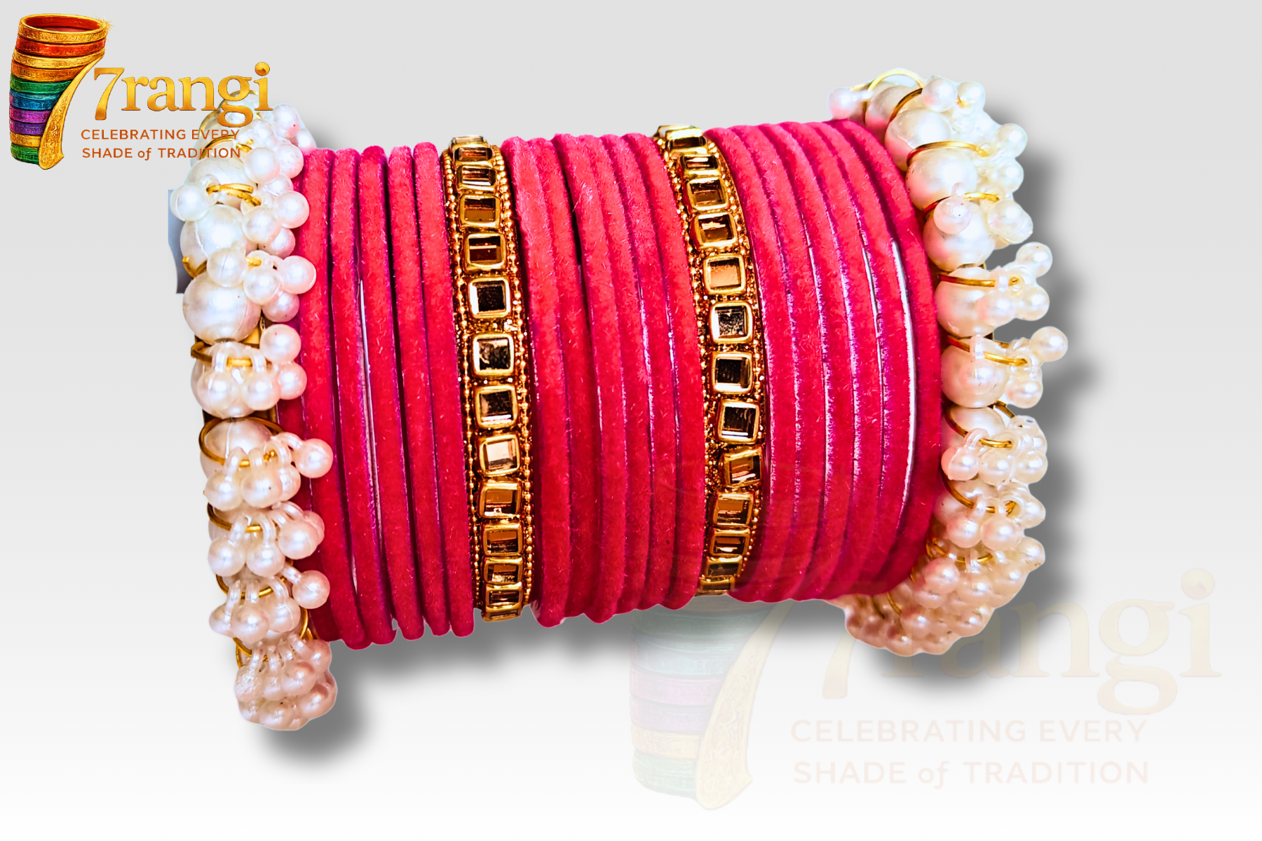 Premium Velvet Glass Bangles Set | Bridal Kara Set with Pearl and Golden Bangles