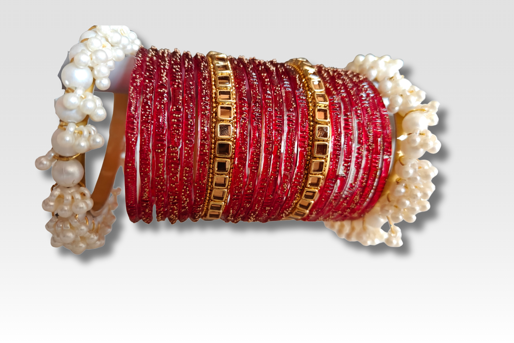 Premium Rain Drop Glass Bangles Set | Bridal Kara Set with Pearl and Golden Bangles