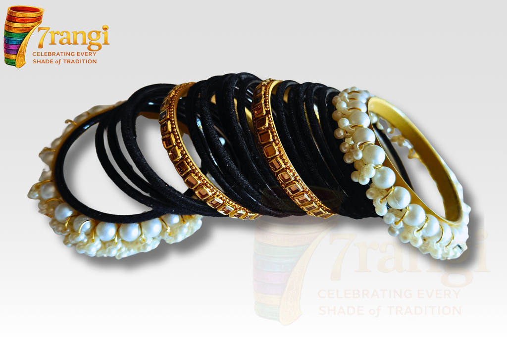 Premium Velvet Glass Bangles Set | Bridal Kara Set with Pearl and Golden Bangles