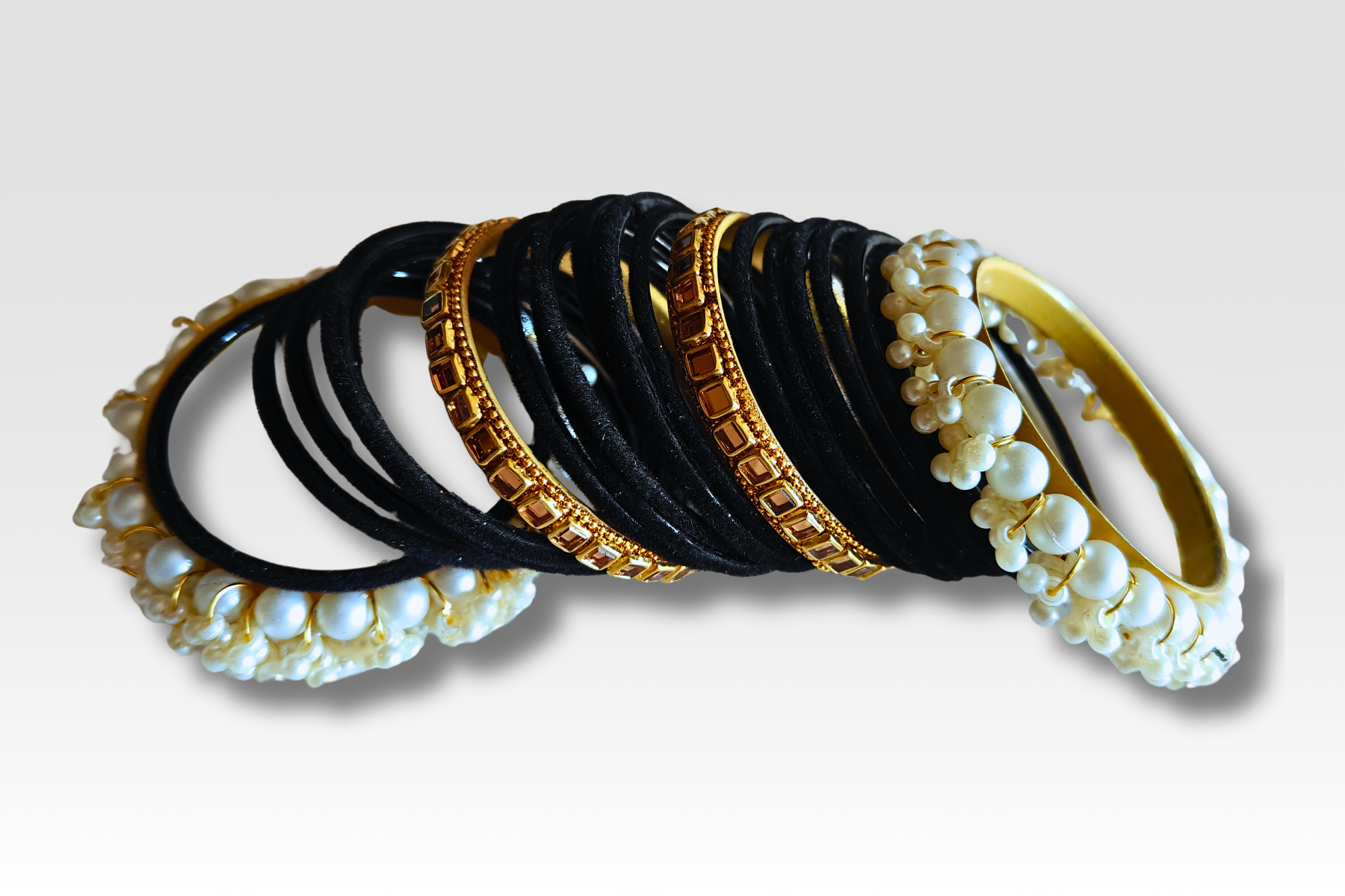 Premium Velvet Glass Bangles Set | Bridal Kara Set with Pearl and Golden Bangles