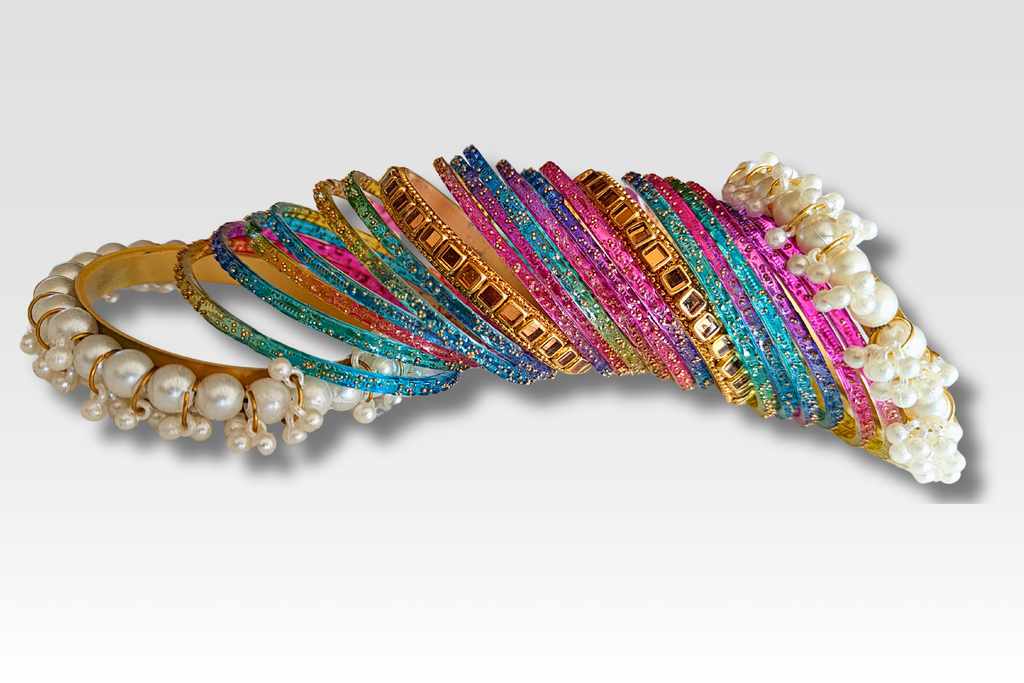 Premium Rain Drop Glass Bangles Set | Bridal Kara Set with Pearl and Golden Bangles