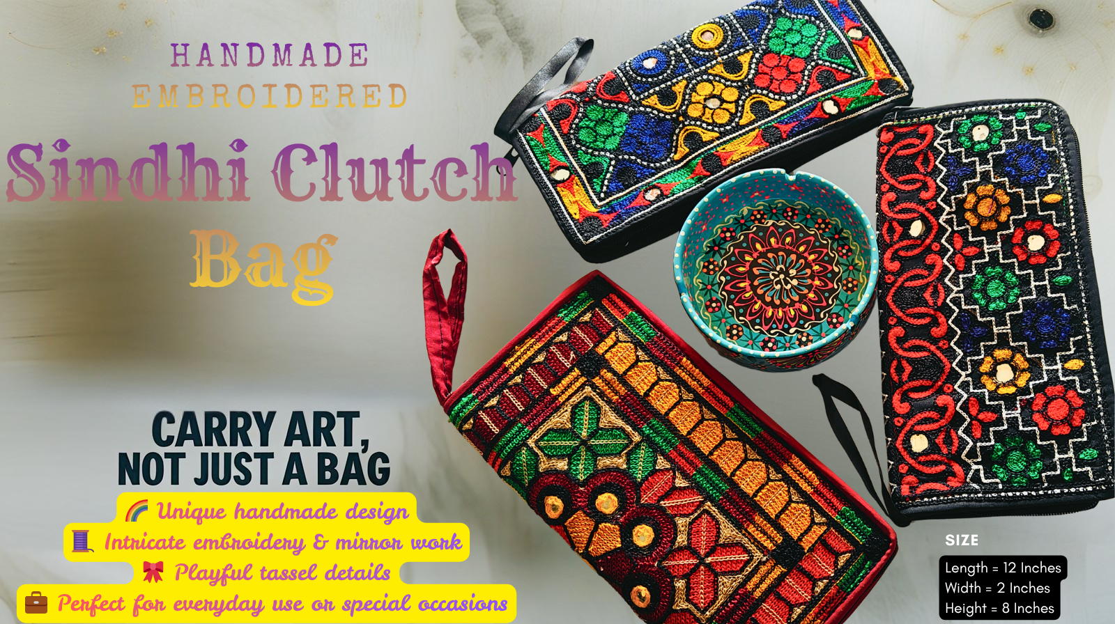 Handmade Embroidered Sindhi Clutch Bag | Colorful Traditional Purse | Mirror Work Evening Bag | Gift for Her