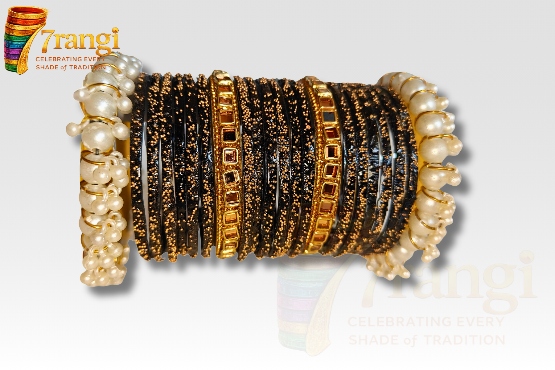 Premium Rain Drop Glass Bangles Set | Bridal Kara Set with Pearl and Golden Bangles
