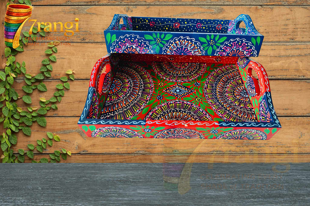 Mandala Hand-Painted Wooden Tray | Handmade Pakistani Swati Art Serving Tray | Decorative & Gift Tray