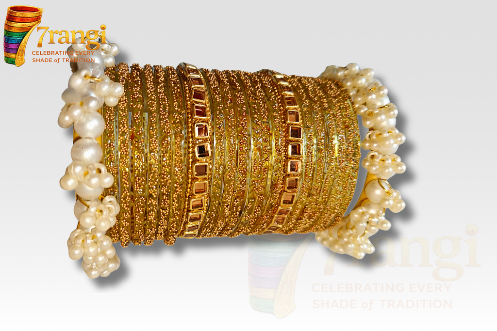 Premium Rain Drop Glass Bangles Set | Bridal Kara Set with Pearl and Golden Bangles