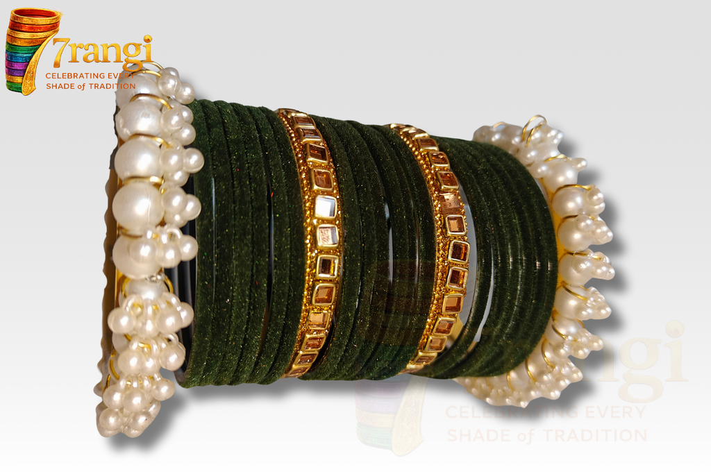 Premium Velvet Glass Bangles Set | Bridal Kara Set with Pearl and Golden Bangles