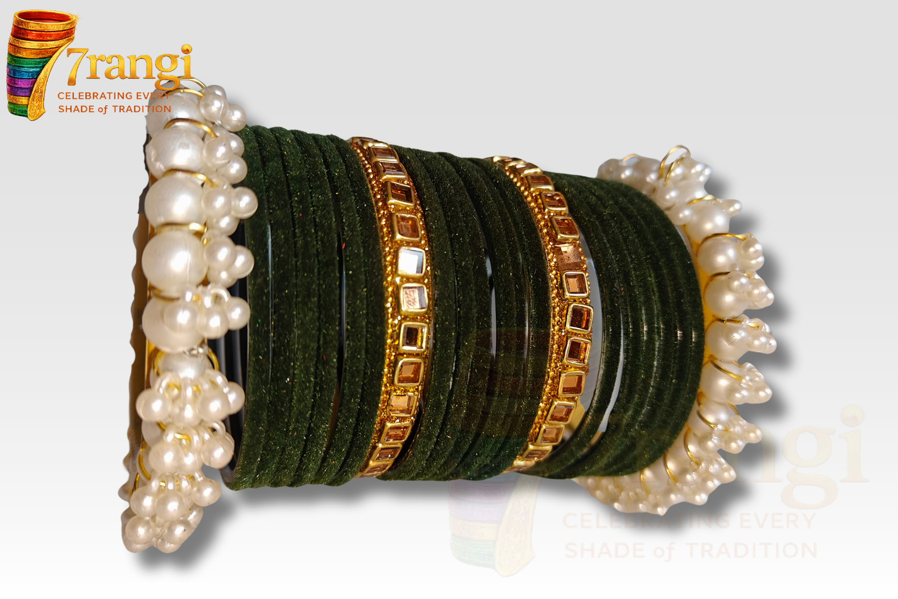 Premium Velvet Glass Bangles Set | Bridal Kara Set with Pearl and Golden Bangles