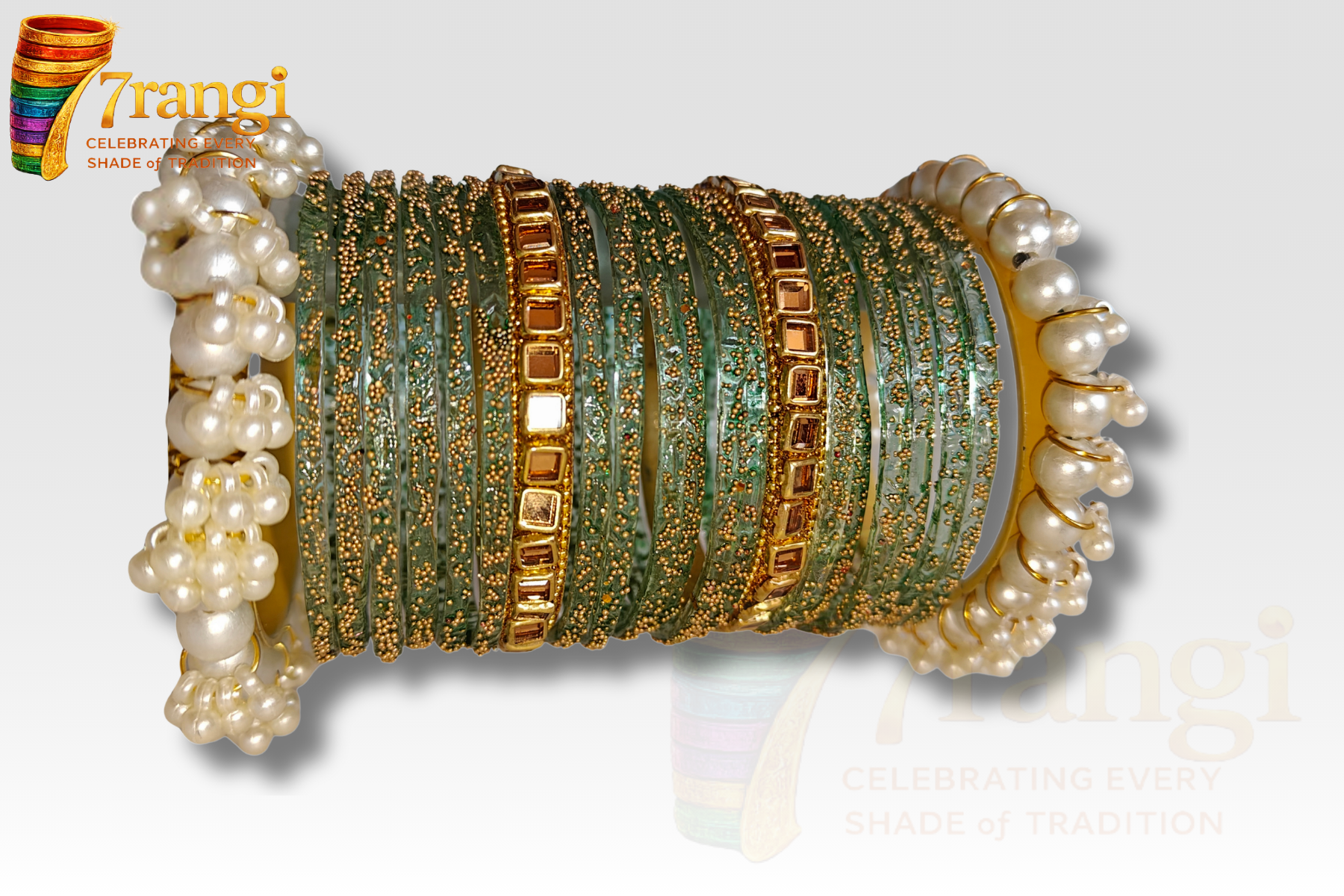 Premium Rain Drop Glass Bangles Set | Bridal Kara Set with Pearl and Golden Bangles