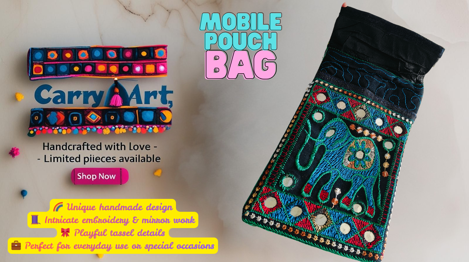 Handmade Embroidered Mobile Pouch Bag | Ethnic Mirror Work Crossbody Phone Bag