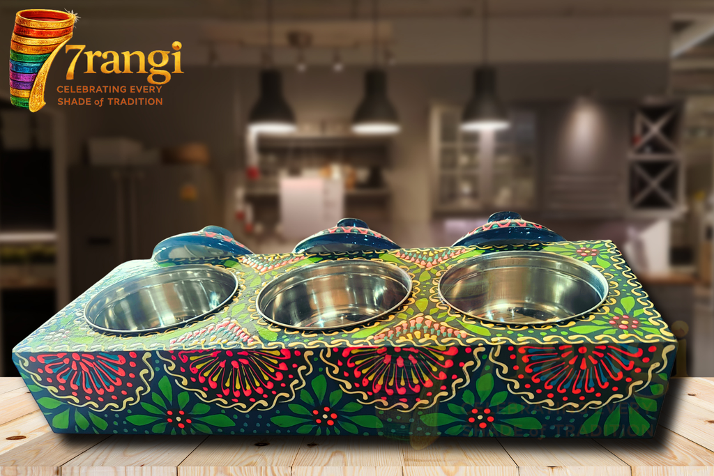 Green Truck Art 3 Partition Tray | Mandala Nimco Box with Stainless Steel Katoris | Handmade Serving Tray