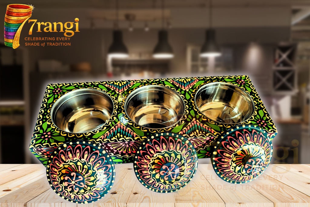 Green Truck Art 3 Partition Tray | Mandala Nimco Box with Stainless Steel Katoris | Handmade Serving Tray