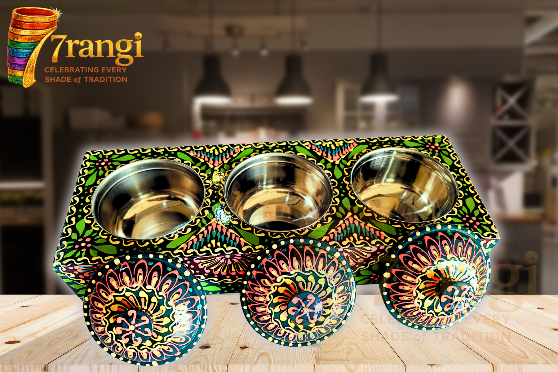Green Truck Art 3 Partition Tray | Mandala Nimco Box with Stainless Steel Katoris | Handmade Serving Tray