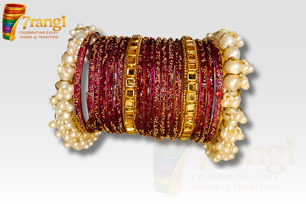 Premium Rain Drop Glass Bangles Set | Bridal Kara Set with Pearl and Golden Bangles