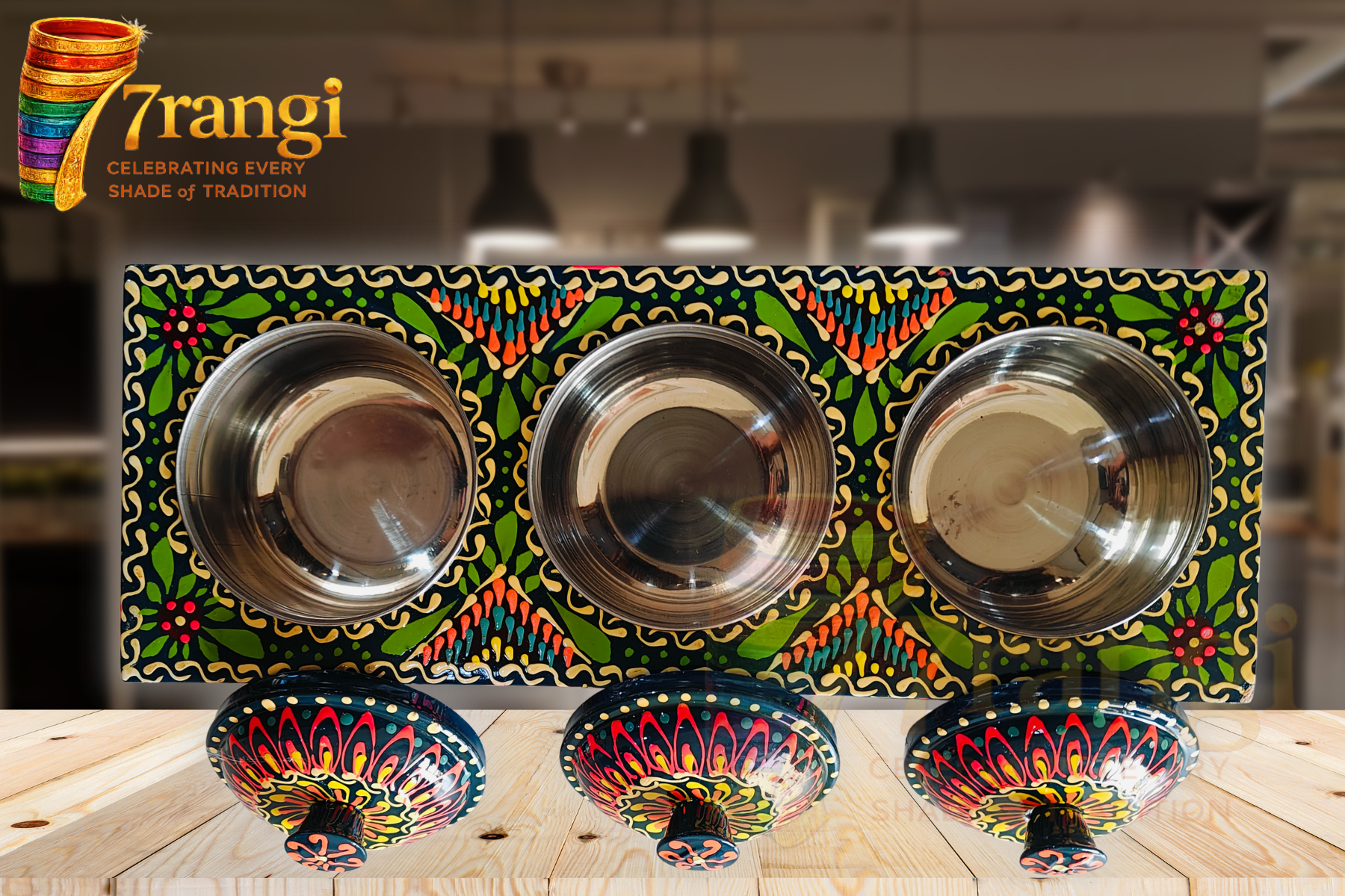 Green Truck Art 3 Partition Tray | Mandala Nimco Box with Stainless Steel Katoris | Handmade Serving Tray