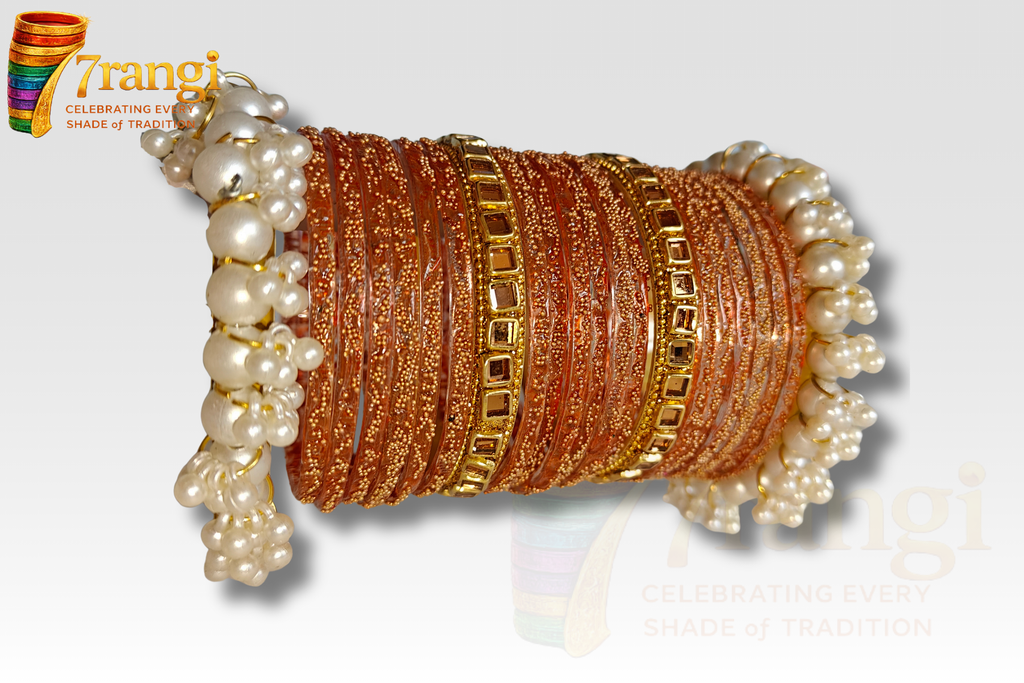 Premium Rain Drop Glass Bangles Set | Bridal Kara Set with Pearl and Golden Bangles