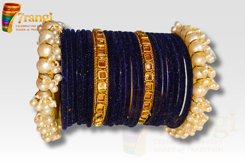 Premium Velvet Glass Bangles Set | Bridal Kara Set with Pearl and Golden Bangles